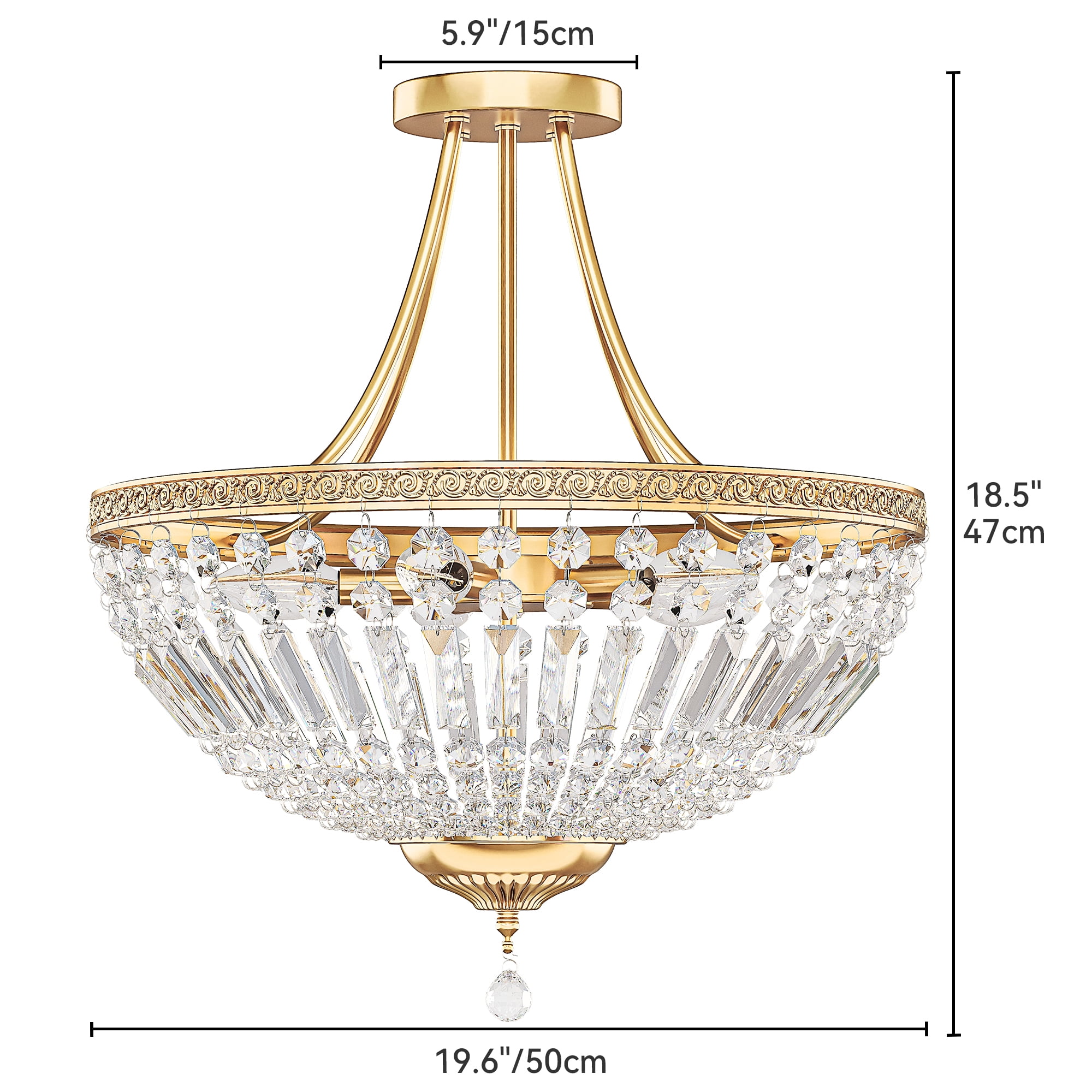 Uforic Crystal Ceiling Light Fixture, 5-Light Flush Mount Chandelier with Metallic Frame, Perfect for Elevating the Look of Bedrooms, Living Rooms, and Kitchens (Gold)