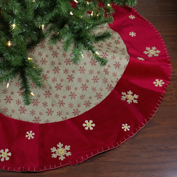 Northlight 60" Burlap Glittered Snowflake Rustic Christmas Tree Skirt with Red Velvet Trim