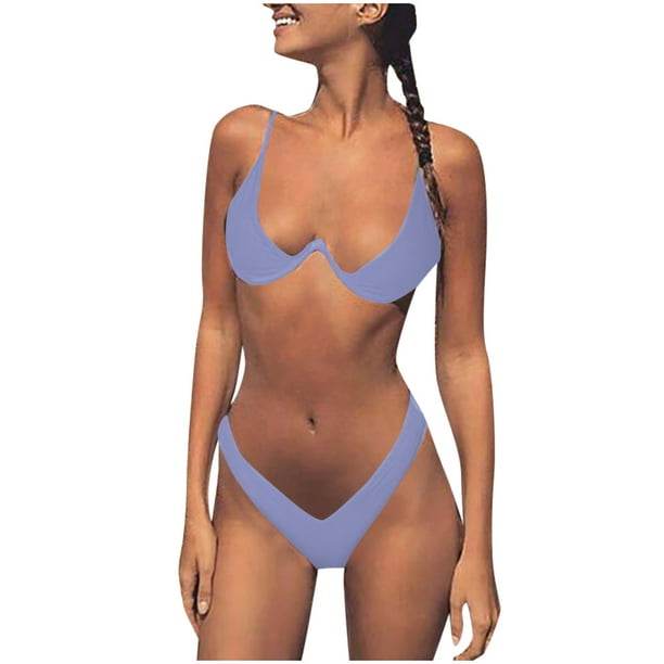 nsendm Female Underwear Adult Swim Sports Bra for Swimming Women Swimsuit  Solid Color Two-Piece Split Bathing Suit High Waist Striped Skirt Set(Light