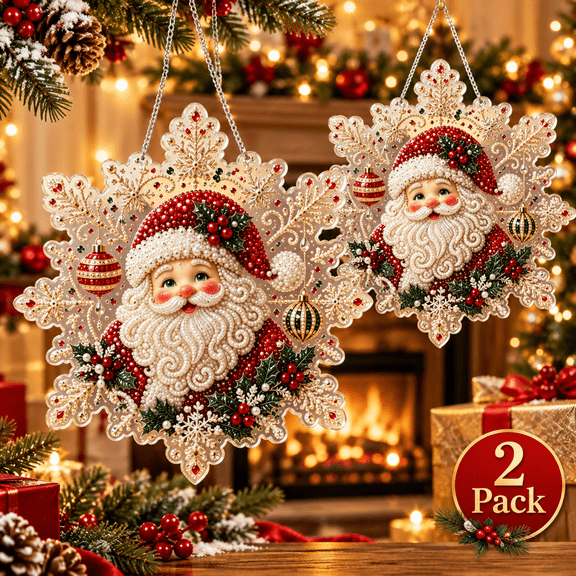 2 Pack Christmas Diamond Painting Kits for Adults, 7.9in Santa Snowflake Pearl Hanging Ornaments, DIY Christmas Decorations