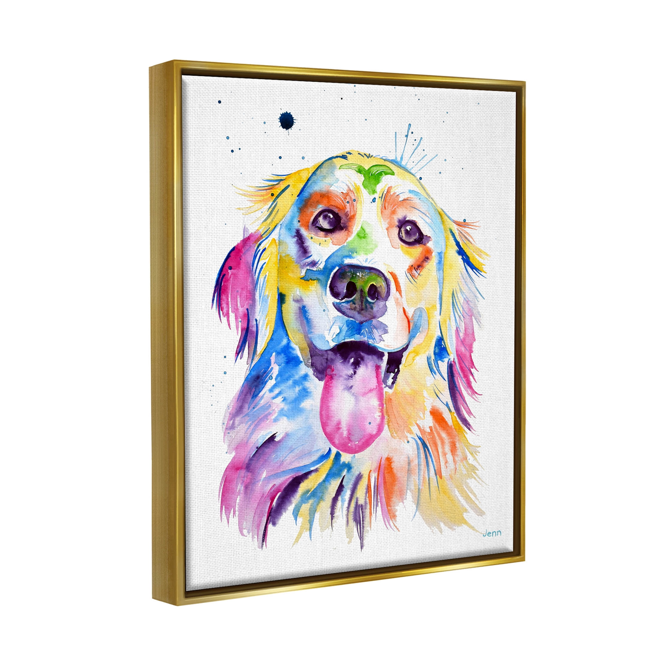 Watercolor Style Happy Dog Face Animals & Insects Graphic Art Metallic Gold Framed Art Print Wall Art