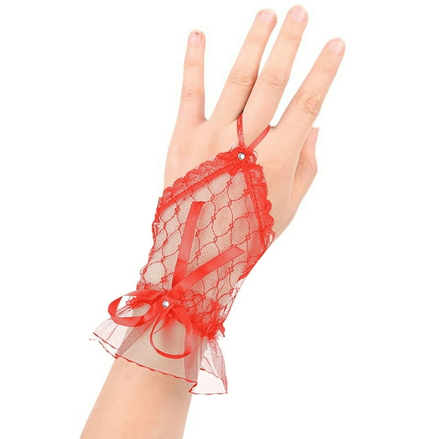 Wdhugt Women'S Lace Gloves With Bow Design For Wedding And Party Use In Red Color One Size Gloves With Polyester Material For Fashion Events Red