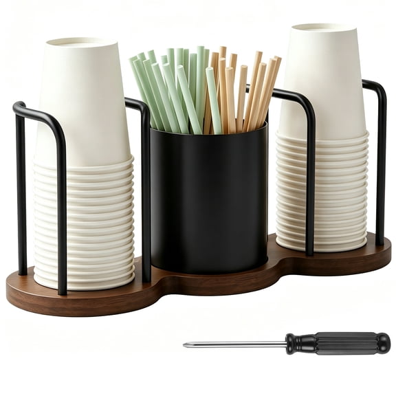 Coffee Cup Holder 18oz 3-Compartment Paper Cup Dispenser Rack with Wood Base - Disposable Cup, Straw & Lid Organizer 3-in-1 Storage for Countertop, Coffee Bar, Kitchen, Office