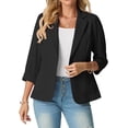 thumbnail image 2 of JWD Women's Slim Fit 3/4 Sleeve Notched Lapel Blazer - One Button Business Office Jacket with Pockets Black 18, 2 of 6