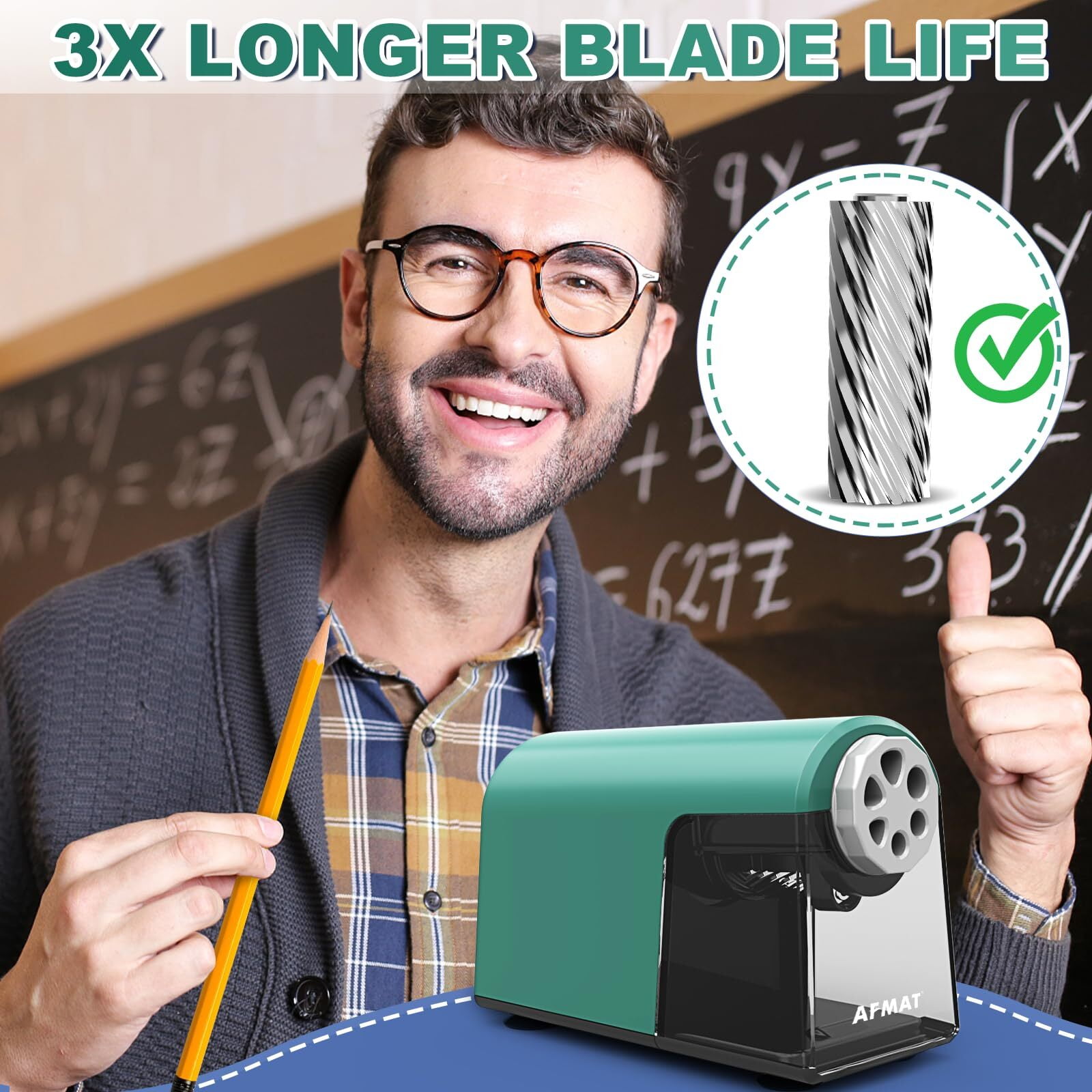 AFMAT Heavy Duty Electric Pencil Sharpener Green with Auto Stop 6 Holes for 6-11mm Pencils