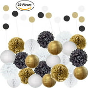 EpiqueOne 22pc Black, White, and Gold Decorative Party Decoration Kit with Paper Pom Poms and Lanterns