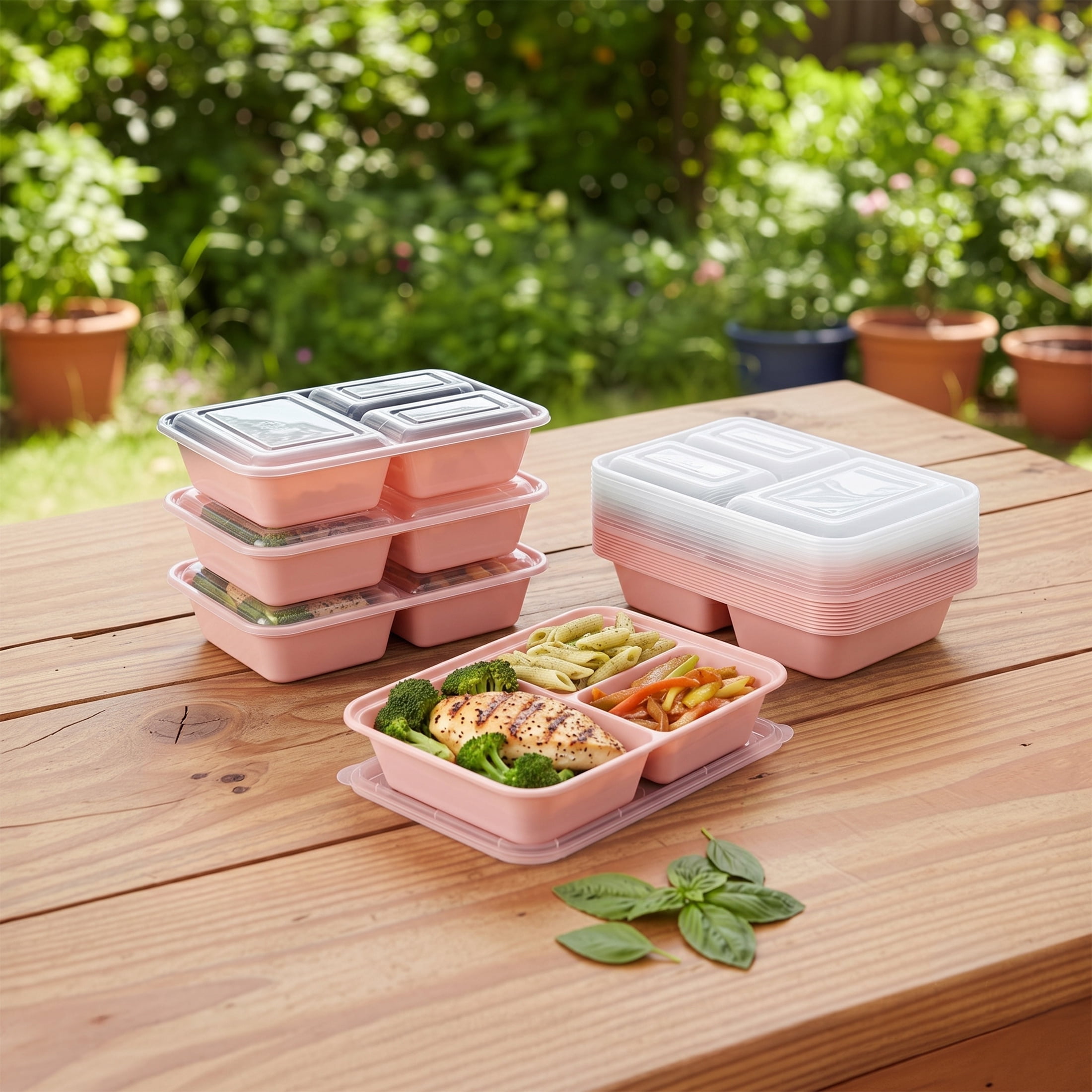 Mainstays 5-Pack 3-Compartment BPA-Free Plastic Meal Prep Food Storage Containers, 1.2L, Pink Blush