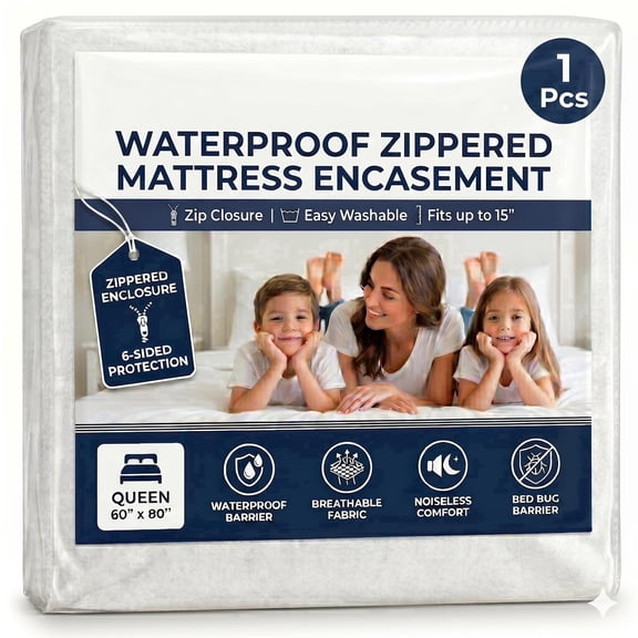 EcoLaire Queen Mattress Protector Qty 1, Waterproof, Bed Bug Mite Proof, 6-Sided Mattress Encasement with 3 side zipper, 60" x 80" x 13" (fits up to 15") ideal for Home, Hotel, Rental, Nursing