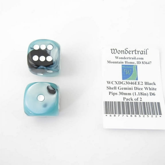 Black and Shell Gemini Dice with White Pips 30mm (1.18in) D6 Pack of 2 Wondertrail