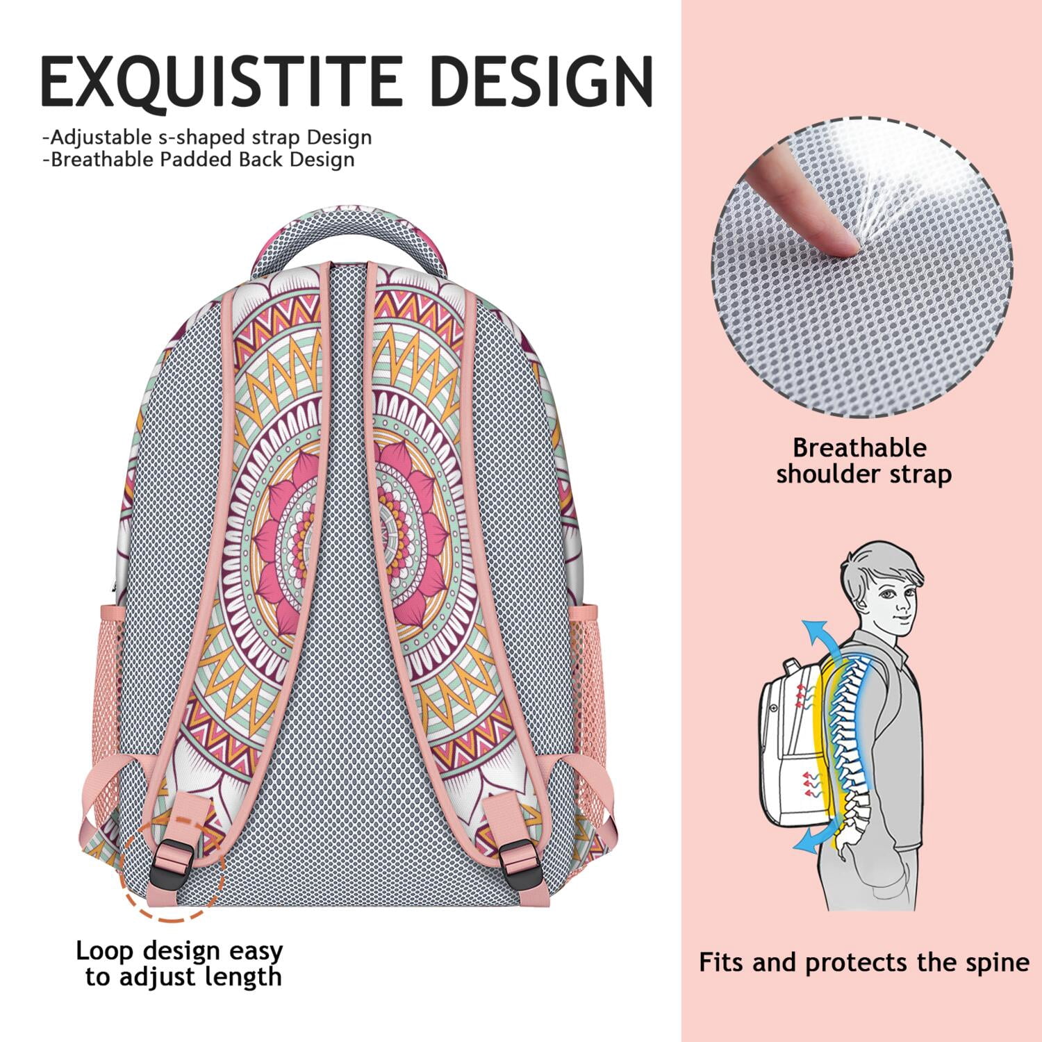 Symmetrical Ethnic Mandala Student Backpack - Breathable Ergonomic School Bag for Commuters
