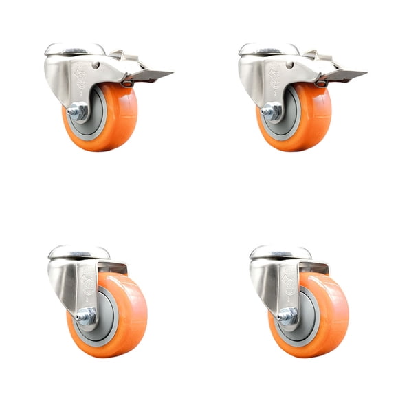 3 Inch 316SS Orange Polyurethane Swivel Bolt Hole Caster Set with 2 Lock Brake