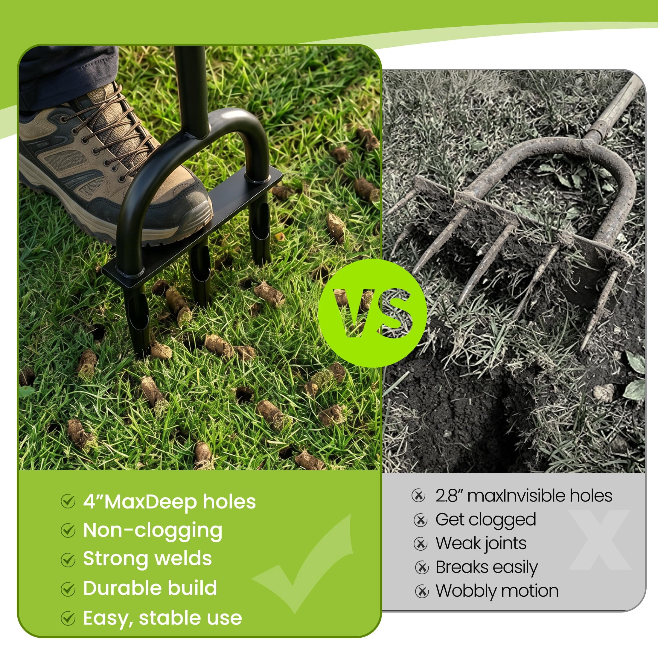Manual Lawn Core Aerator Tool - Heavy Duty Hand Soil With 3 Hollow Tines  Pre-assembled & Garden Plug Remover For Grass Growth Improvem