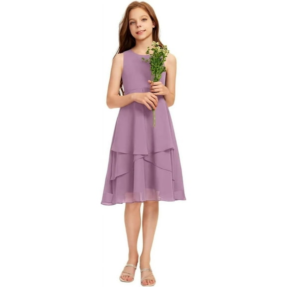 Drtj 2-14T Kids Junior Bridesmaid Wedding Dress A-line Scoop Knee-Length Chiffon Flower Girl Dresses