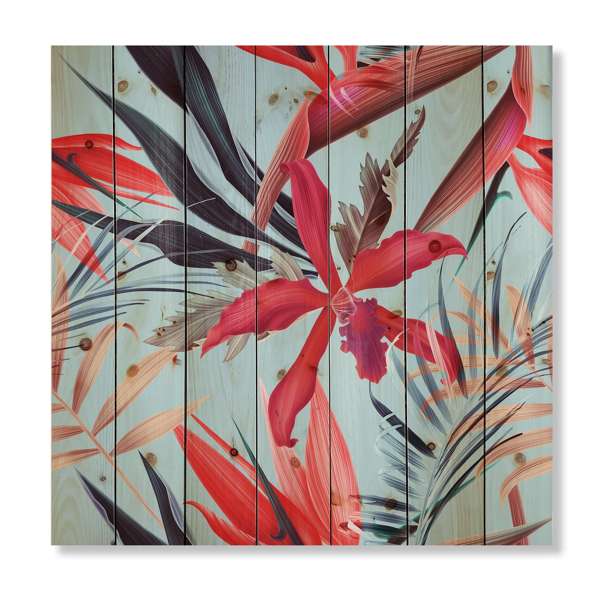 Designart 'VIntage Tropical Flowers IV' Traditional Print on Natural Pine Wood