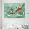 thumbnail image 1 of Christmas Tapestry, Hand Drawn Vintage Bike with Small Xmas Tree House Silhouettes Snow, Wall Hanging for Bedroom Living Room Dorm Decor, 80W X 60L Inches, Almond Green Red White, by Ambesonne, 1 of 2