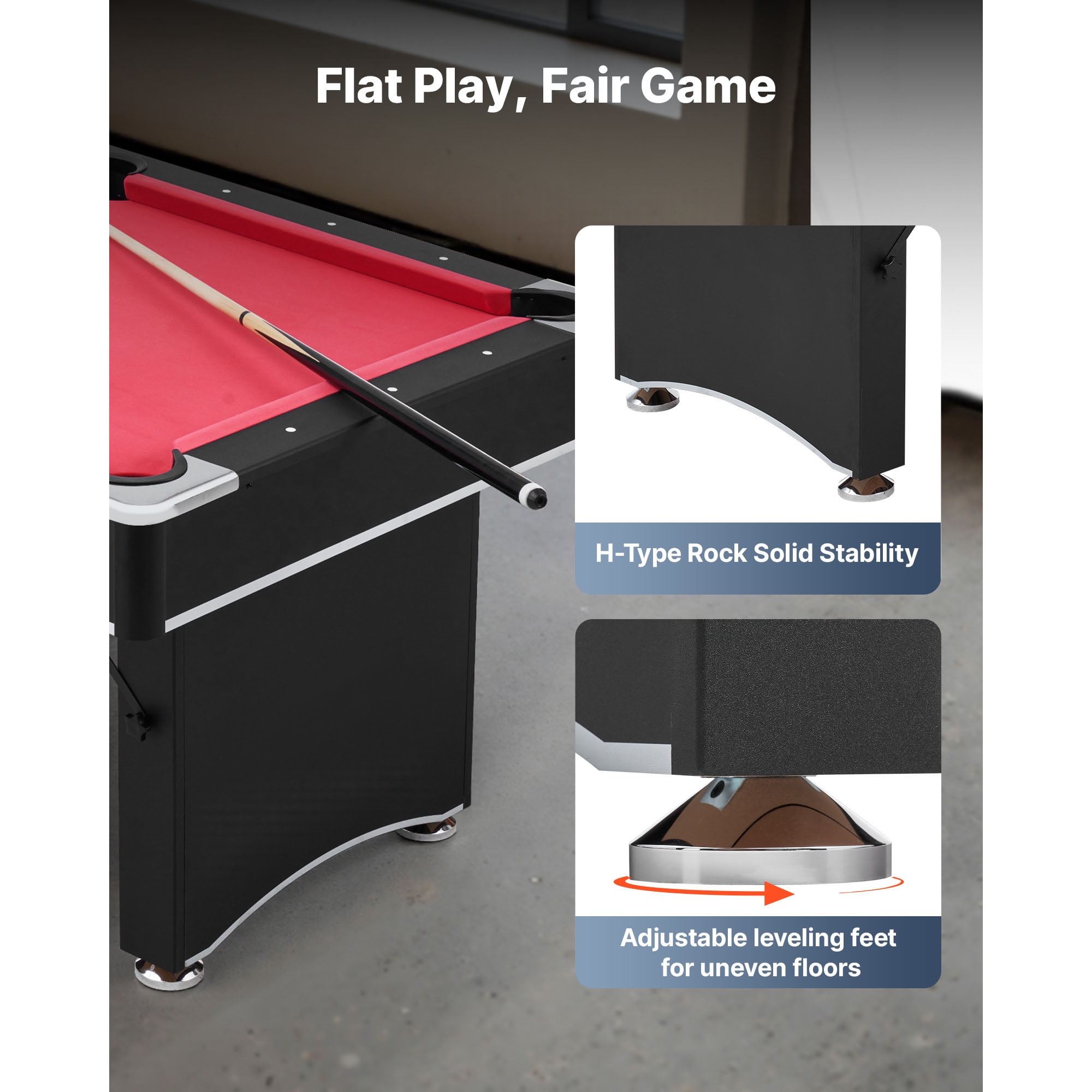 KFFKFF 6 ft Portable Pool Table, Adjustable Feet for Stability, Game Set with Balls, Cues, Rack, Chalk, and Brush, Black Frame with Red Felt, Ideal for Home and Recreation Rooms