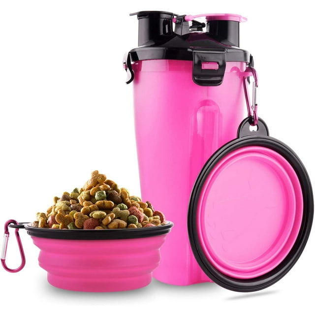 Botella de agua para perros con 2 cuencos plegables, botella portátil 2 en 1 para agua y comida para perros, gatos y mascotas, botella de viaje para paseos, ejercicio, senderismo y acampada (rosa)