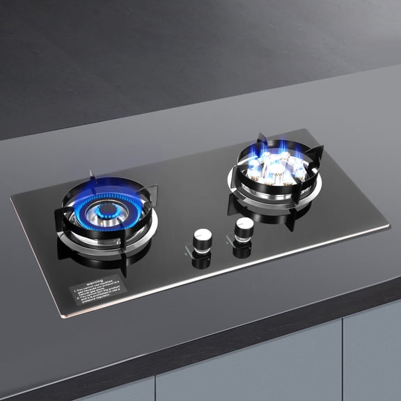 Peakora Gas Stove with Dual Burners 5.2kw Built-In Natural Gas Cooktop with Tempered Glass, Electronic Ignition, Flameout & Anti-Backfire Protection for Home Kitchen Black