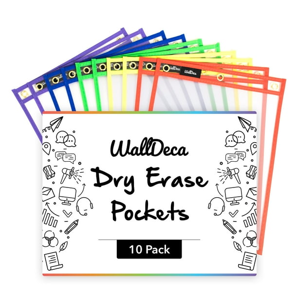 WallDeca Dry Erase Pocket Sleeves Assorted Colors , 9.3" x 13", Fits