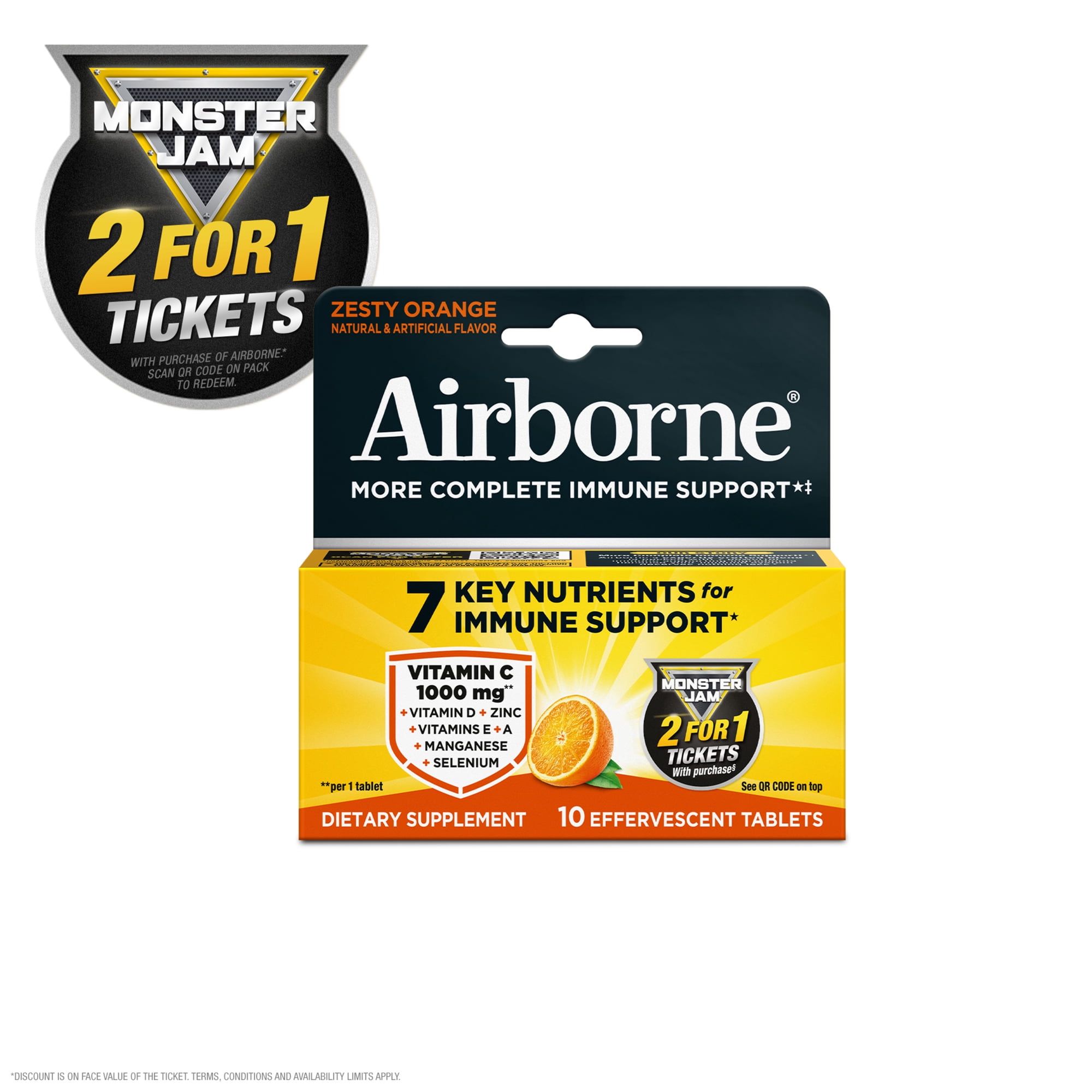 Airborne 1000mg Vitamin C Immune Support Effervescent Tablets, Zesty Orange Flavor, 10 Count