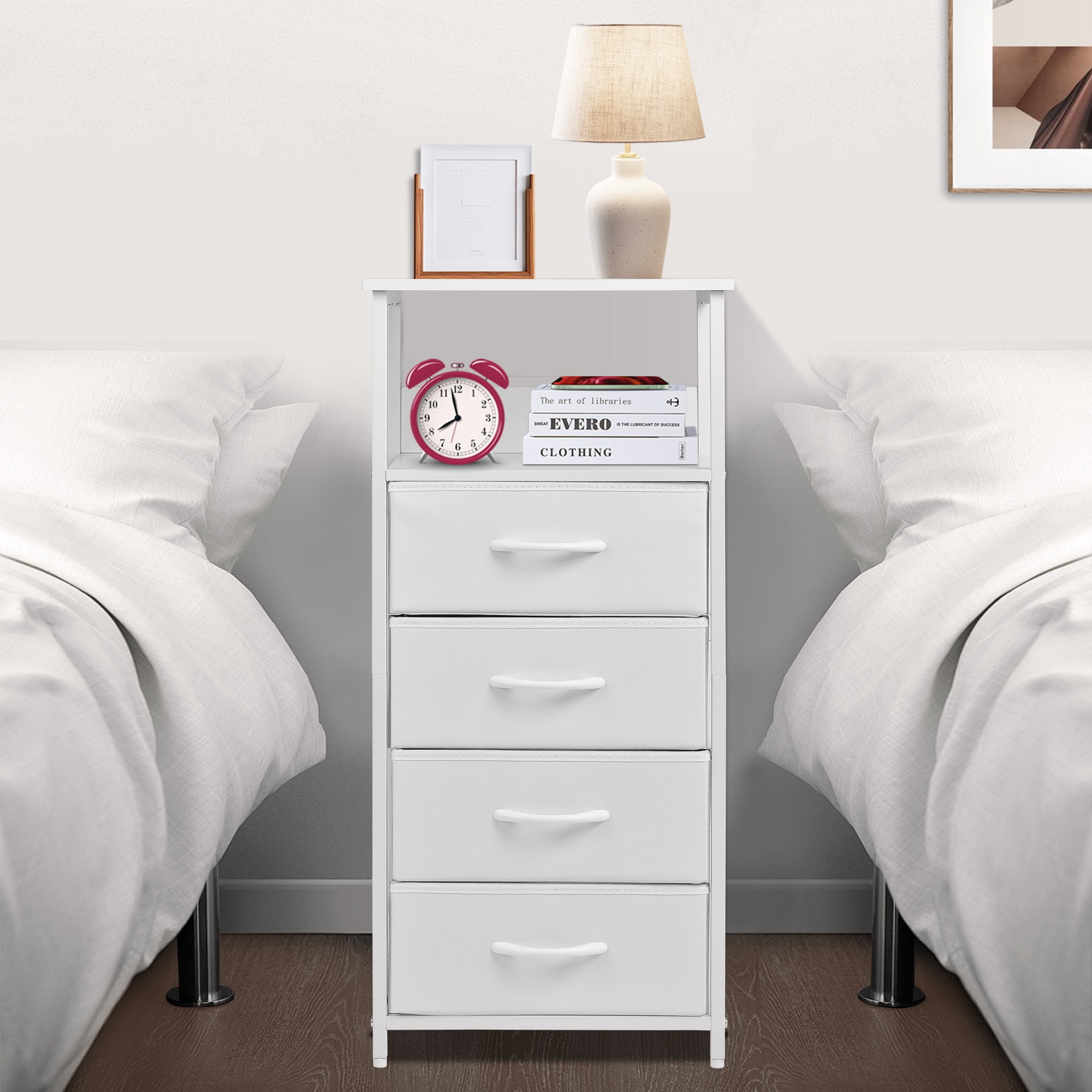YEEZEE Nightstand,Dresser with 4 Fabric Storage Drawers,Tall Nightstand with Open Wood Shelves,White