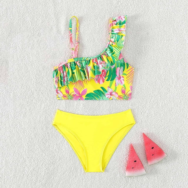 Girls Swimsuits 2 Piece Tankini Set Swimwear Flounce Printed Bathing Suits 13-14 Years