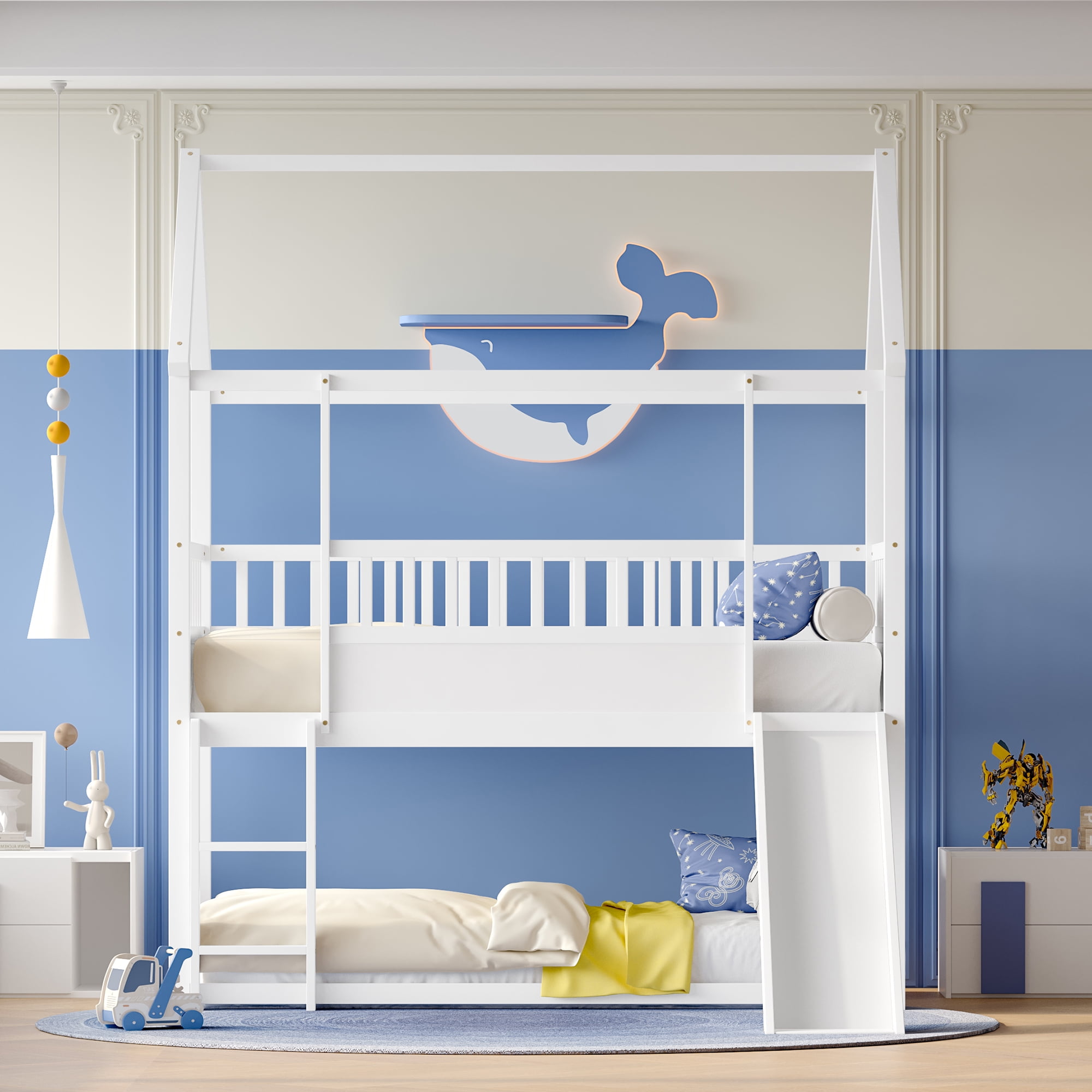 Bunk Bed with Slide, House Bunk Bed, Twin Over Twin Bunk Bed with Ladder and Safety Guardrail, Solid Wood Frame, White