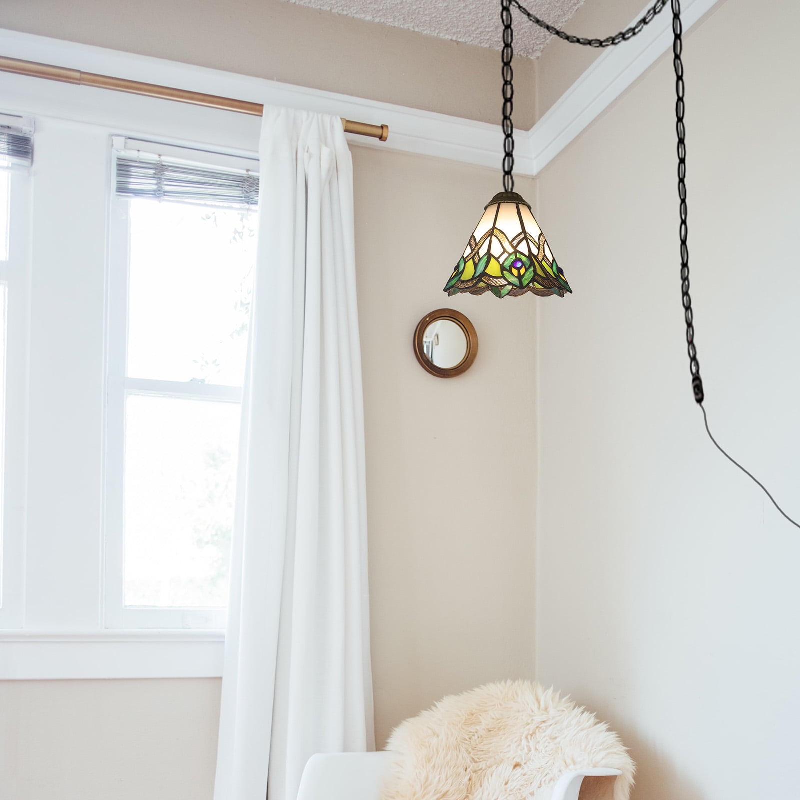 Kiven Plug in Pendant Light,E26 Socket Tiffany Style Hanging Light Fixture with 13ft Iron Chain, Dimmable,1-light