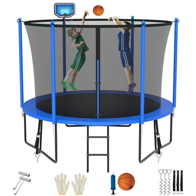 Jump Into Fun Trampoline de 8 Pi pour 2-3 Enfants, Trampolines de 800 Lb avec Enceinte, Panier de Basketball, Piquets Coupe-Vent, Trampoline Récréatif d'Extérieur Robuste avec Revêtement Galvanisé Antirouille