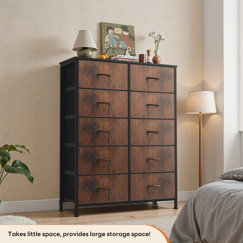 EDX Dresser for Bedroom with 10 Drawers, Tall Chest Organizer with Fabric Bins, Freestanding Storage Cabinet, Black-Brown