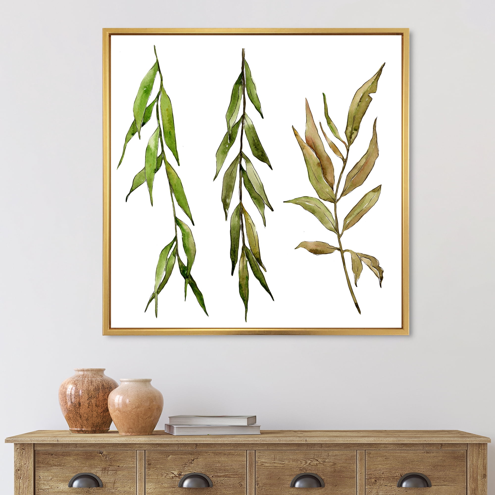 Designart 'Three Willow Branches On White' Farmhouse Framed Canvas Wall Art Print