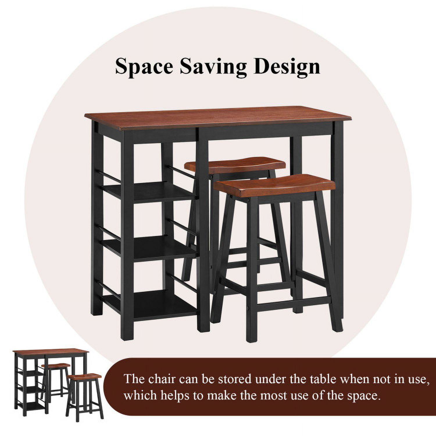 Finihen Dining Set, Dining Table Set, 3 Piece Counter Height Dining Table Set with 2 Saddle Stools and Storage Shelves, for Home, Restaurant, Walnut Finihen Dining Set, Dining Table Set, 3 Piece Counter Height Dining Table Set with 2 Saddle Stools and Storage Shelves, for Home, Restaurant, Walnut