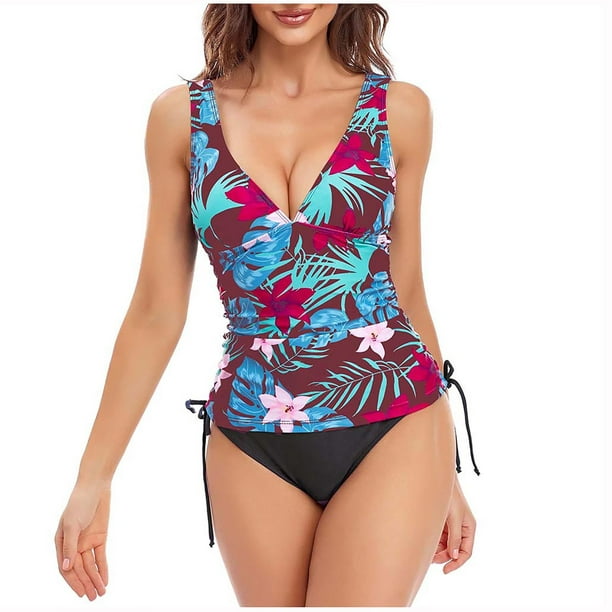 Tropical Print 2 Piece Set Tankini, Drawstring Tie Front Stretchy Split  Skirted Bottom Swimsuits, Women's Swimwear & Clothing