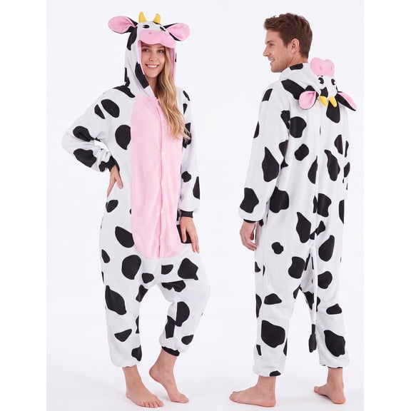 Joyfy Adult Unisex Cow Costume, Plush Hooded Animal Jumpsuit for Halloween Party, Cosplay and Themed Dress Up