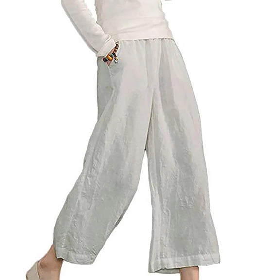 JGTDBPO Linen Pants For Women Casual Solid Cotton Linen Drawstring Elastic Waist Long Wide Leg Capris Pants Baggy Loose Beach Trousers With Pockets