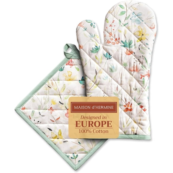Maison d' Hermine 100% Cotton Oven Mitt & Pot Holder Set (7.5"x13" & 8"x8") Heat Resistant BBQ Cooking Gloves with Loop Baking Grilling Kitchen Easter Decorations Spring/Summer (Colmar)