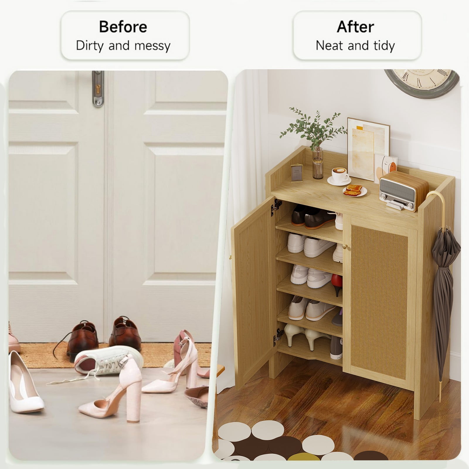 42.5" Tall Rattan Shoe Cabinet with Doors, 6-Tier Wooden Shoe Storage Organizer with Adjustable Shelves for Entryway Hallway, Natural
