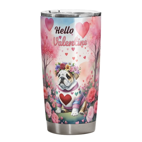 Hello Valentine’s Day Bulldog Flower Crown Romantic Pink Floral 20oz Stainless Steel Tumbler Insulated Cup with Lid Dog Lover Gifts Idea - 00031