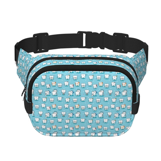 Lsque Motif Dents de Dessin Animé Sac de Taille Double Couche Carré, Sac de Taille en Tissu Sergé Durable avec Ceinture Réglable, Randonnée en Plein Air, Course, Sac de Taille de Voyage