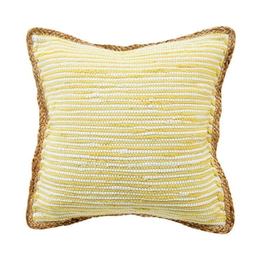 Laddha Home Designs 20" Yellow and White Bordered Striped Square Throw Pillow
