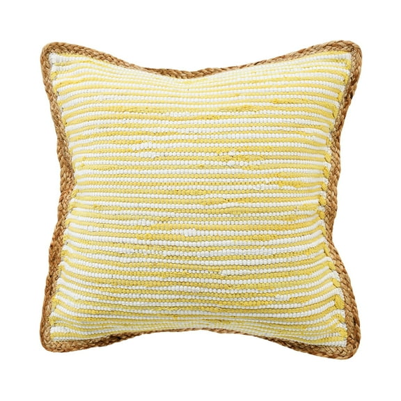 Laddha Home Designs 20" Yellow and White Bordered Striped Square Throw Pillow