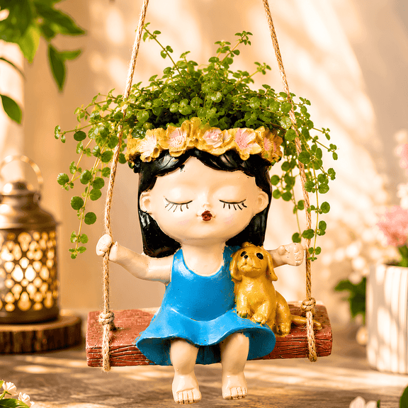 Cute Girl with Puppy Hanging Planter Pot on Swing, Decorative Flower Plant Holder, Indoor Outdoor Hanging Flowerpot, Balcony Garden Home Decor Showpiece
