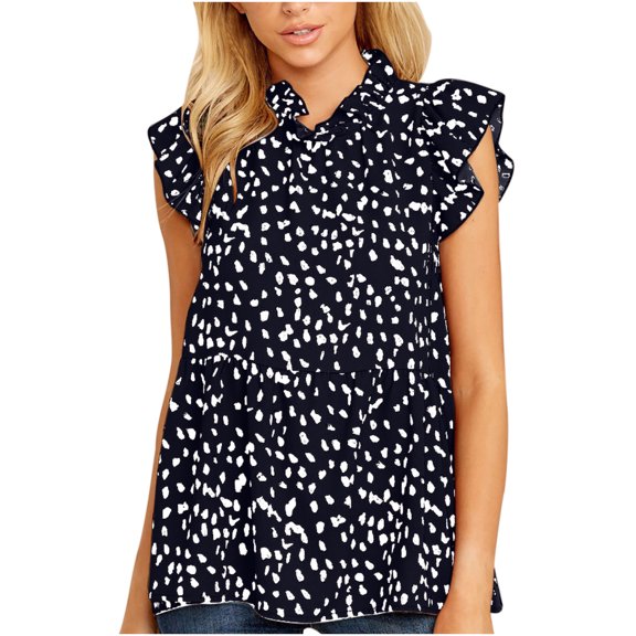 2025 Clearance! asdoklhq Womens Workwear Blouses,Women Floral Print Sleeveless Ruffle Neck Loose Babydoll Shirt Blouse Tunic Top