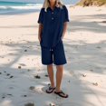thumbnail image 2 of Linen Short Sets for Women 2 Piece Outfits Short Sleeve Button V Neck Shirts and Bermuda Short Sets Vacation Clothes Navy M, 2 of 7