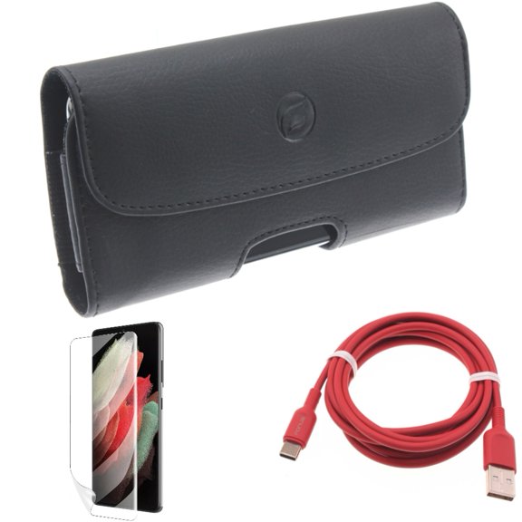 Case Belt Clip & Matte Screen Protector & 6ft USB-C Cable for Samsung Galaxy S22 Plus (S22 ) - Combo Leather Holster Cover & TPU Film Anti-Glare & Red Charger Cord Power