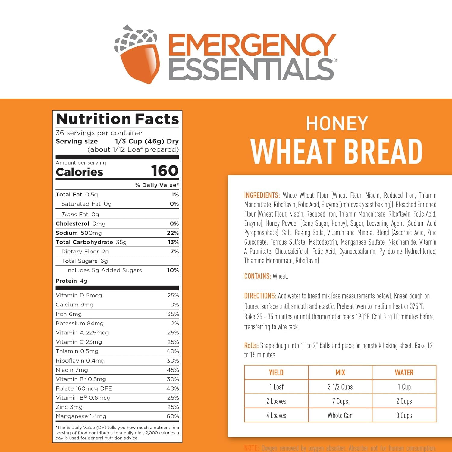 Emergency Essentials Honey Wheat Bread #10 Can, Emergency Just Add Water Mix, Emergency Preparedness, Nutritious Food, Bulk Storage, Long 25-Year Shelf Life
