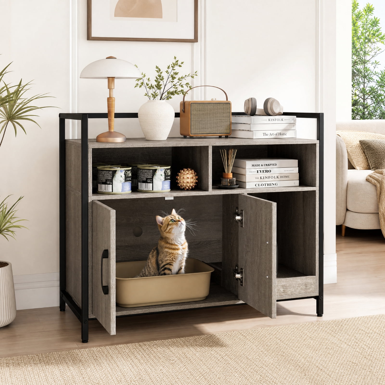 SUGIFT Hidden Cat Litter Box Enclosure, Wooden Cat Washroom Furniture with Double Doors, End Side Table Cat House Cabinet, Oak