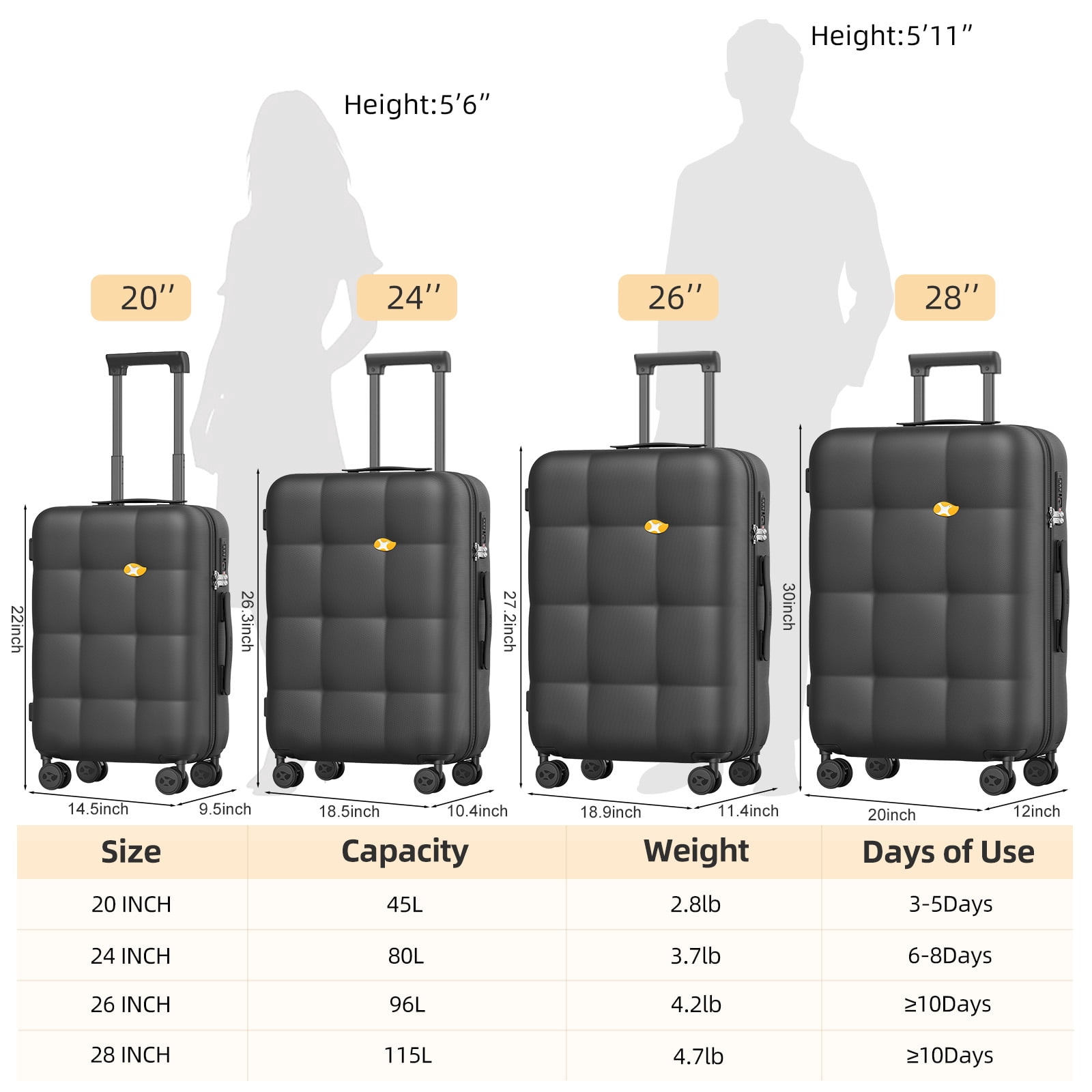 MGB Hardside 20“ Carry On Luggage with Spinner Wheels & Built-in TSA Lock, Durable Suitcase Rolling Luggage with Scratch-Resistant Surface, Carry-On 20-Inch Black