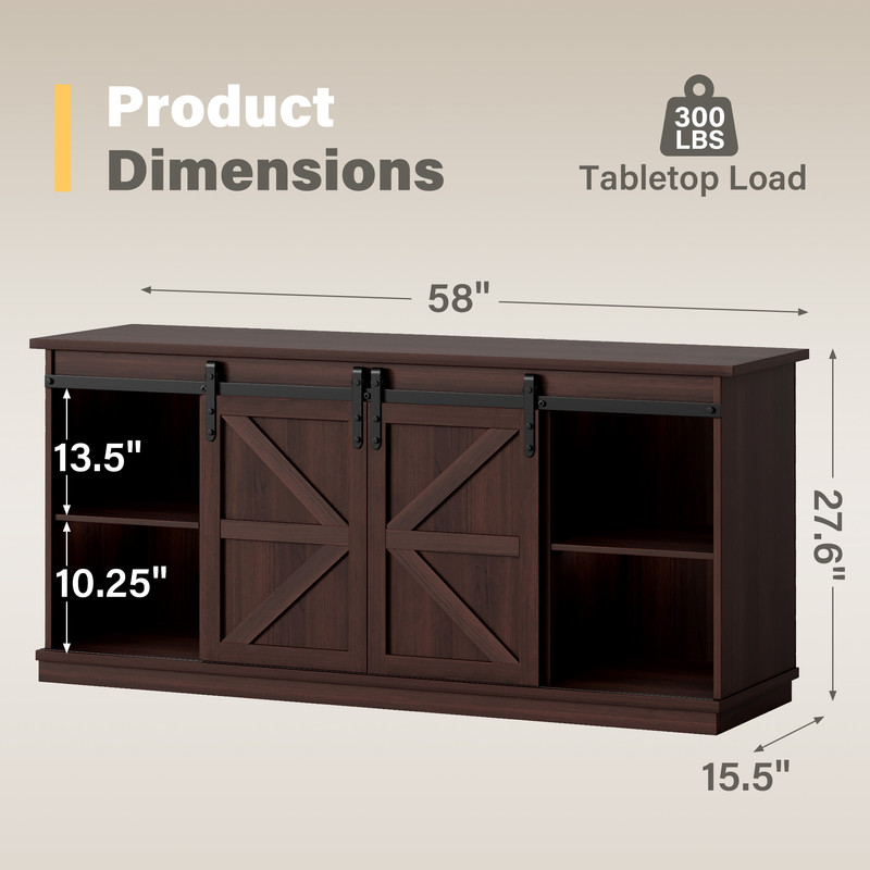 Furmax 65 inch TV Stand Entertainment Center with Sliding Barn Doors and Storage,Espresso