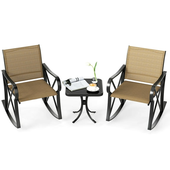 Gymax 3 Piece Patio Rocking Set 2 Rocking Chairs w/ Tempered Glass Side Table Brown